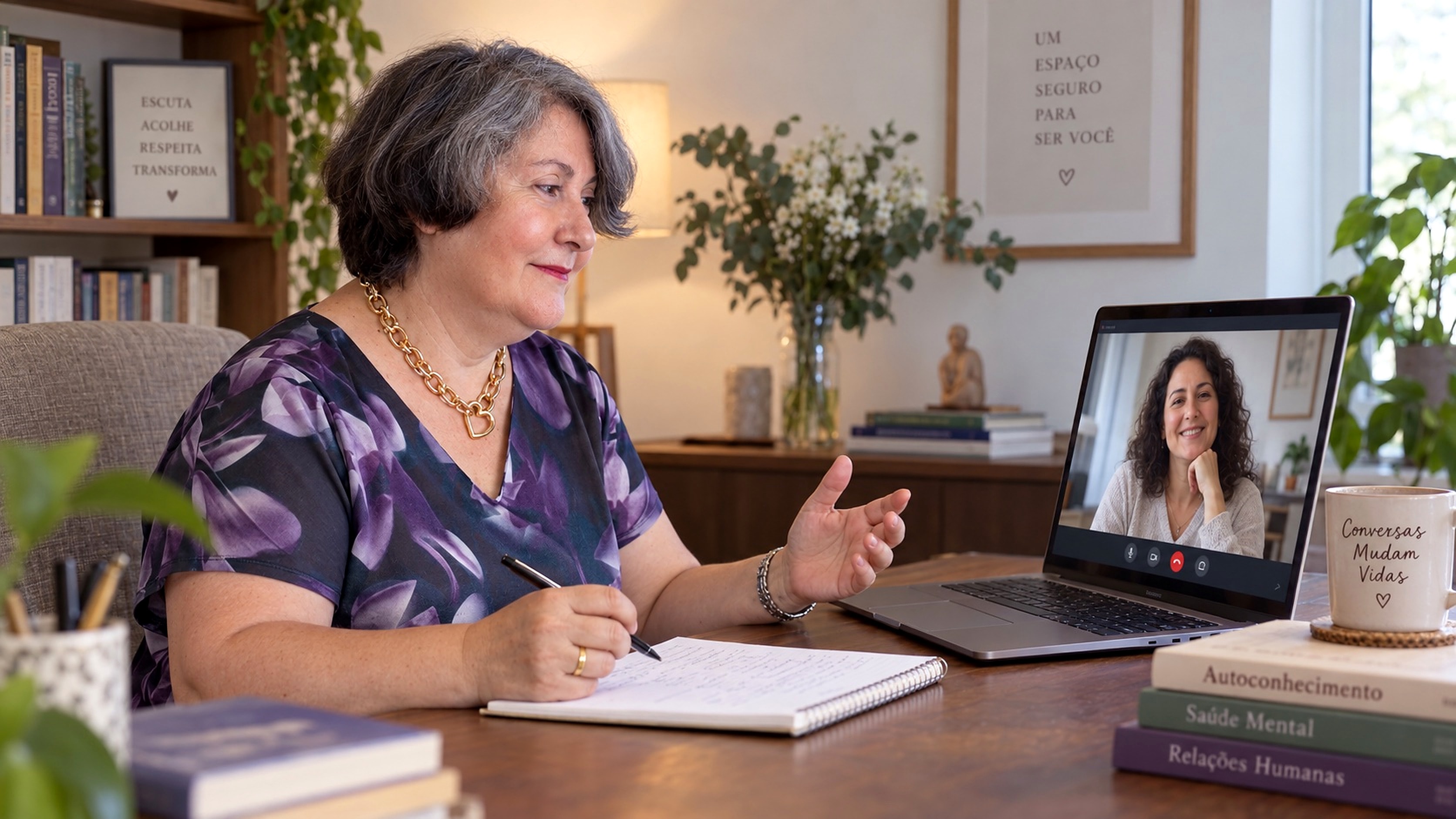 Lubélia de Paula escrevendo durante uma conversa terapêutica online