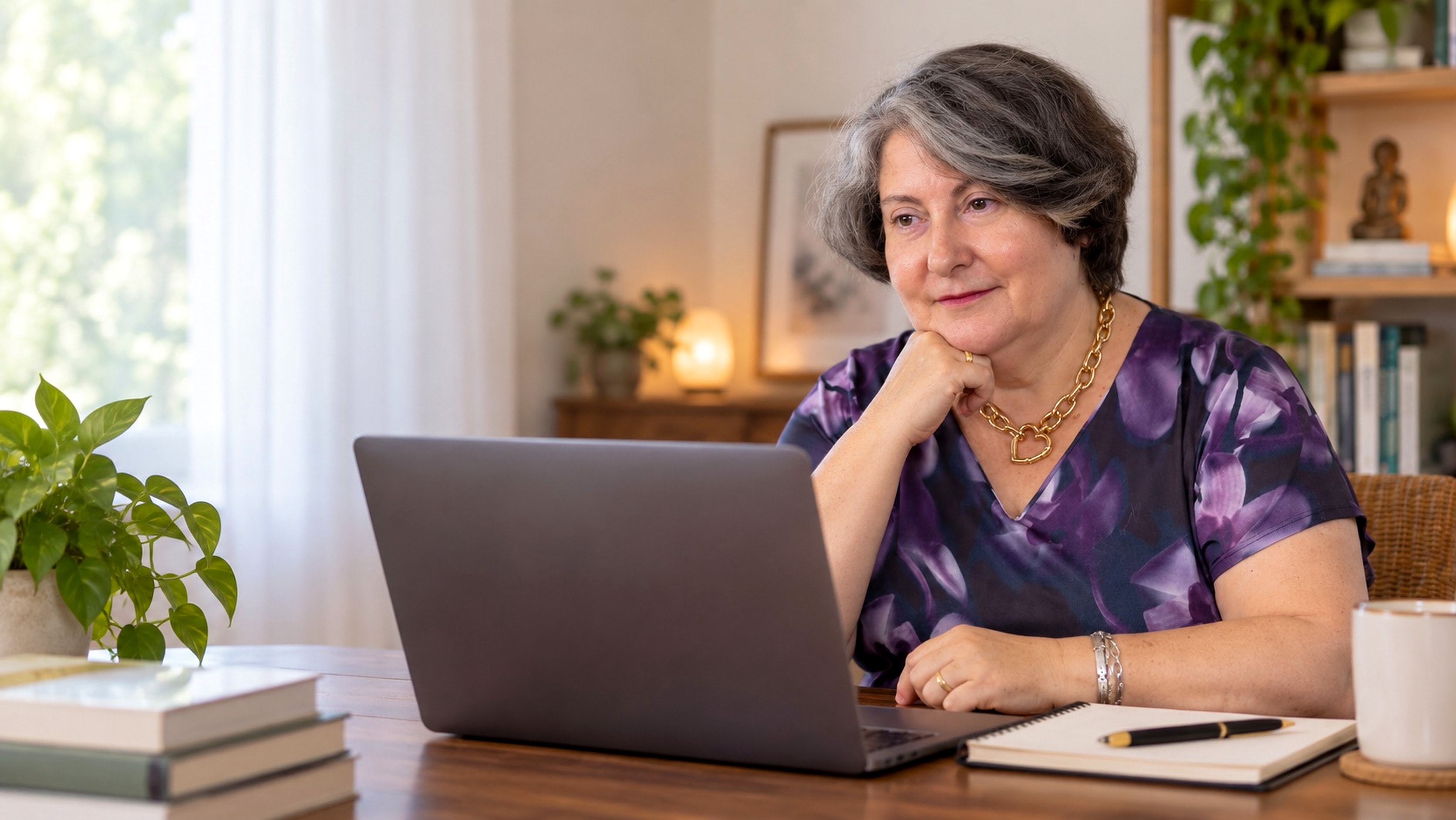 Lubélia de Paula em um momento de atenção diante do computador