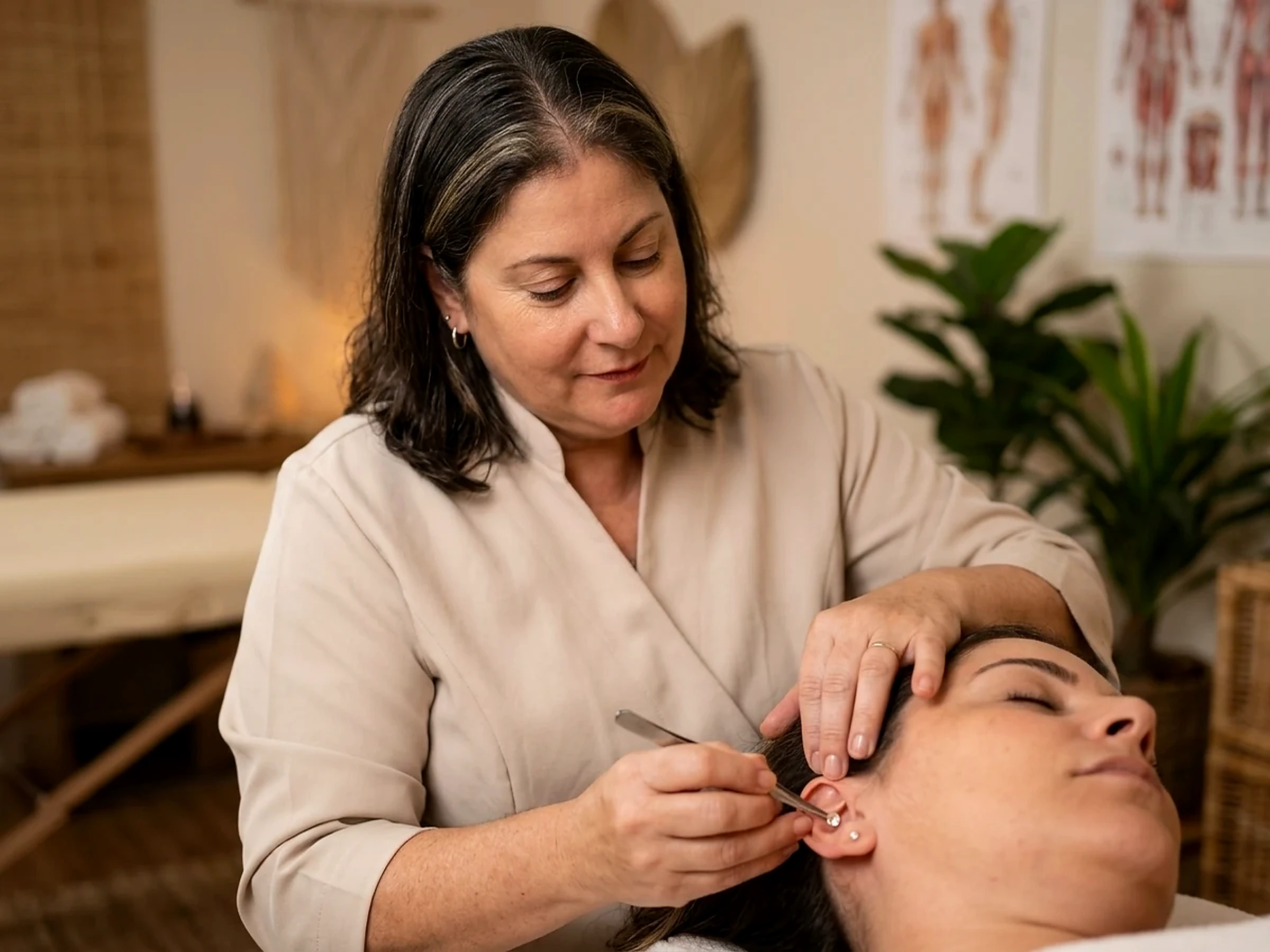 Lubélia de Paula realizando aplicação precisa e delicada de auriculoterapia